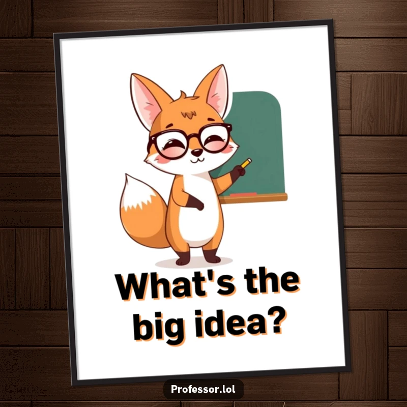 Funny Free Printable Wall Art: Giggling fox wearing spectacles, pointing at a chalkboard with humorous writing.