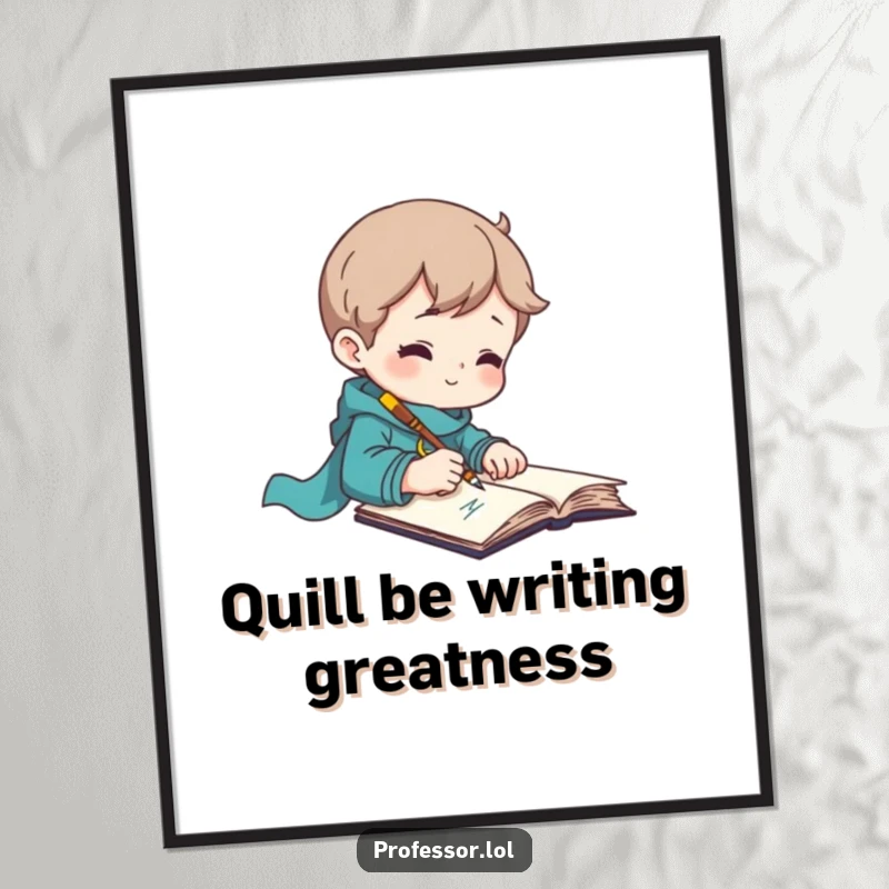 Funny Free Printable Wall Art: Character with a quill, surrounded by scattered notes, capturing writerly inspiration humor.
