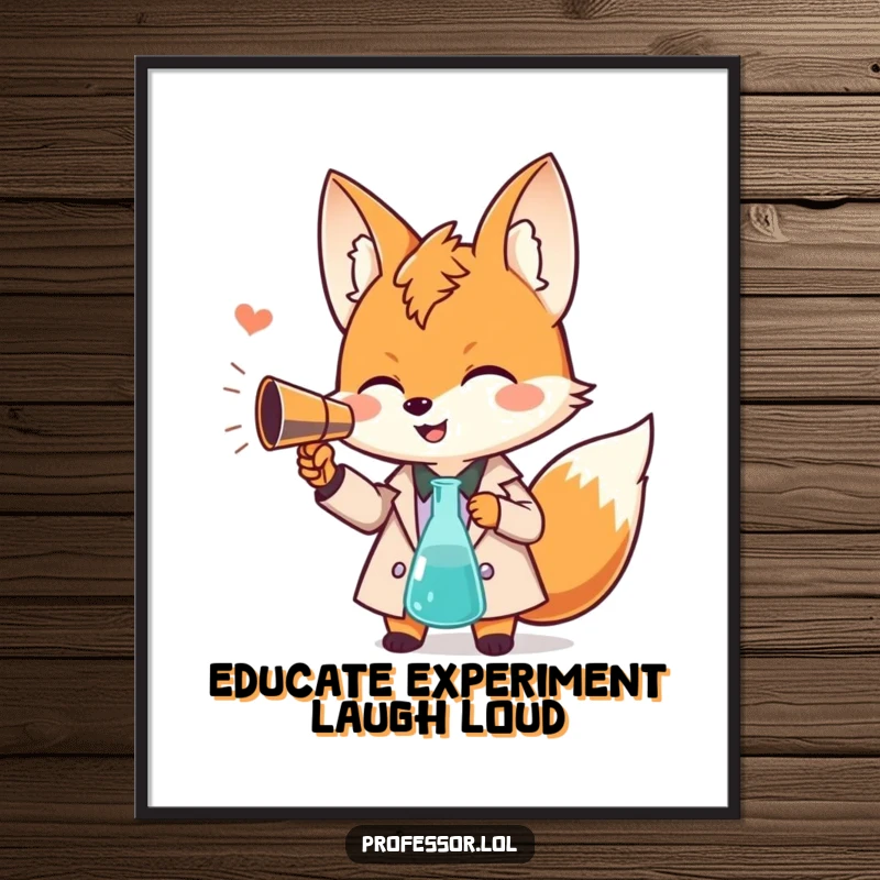 Funny Free Printable Wall Art: a giggling Kawaii fox professor using a beaker as a megaphone, adding playful academic vibes.