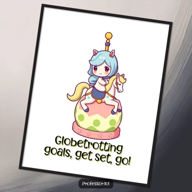 Hilarious free printable wall art of a character riding a rolling globe like a carousel, adding a touch of playful adventure to decor.