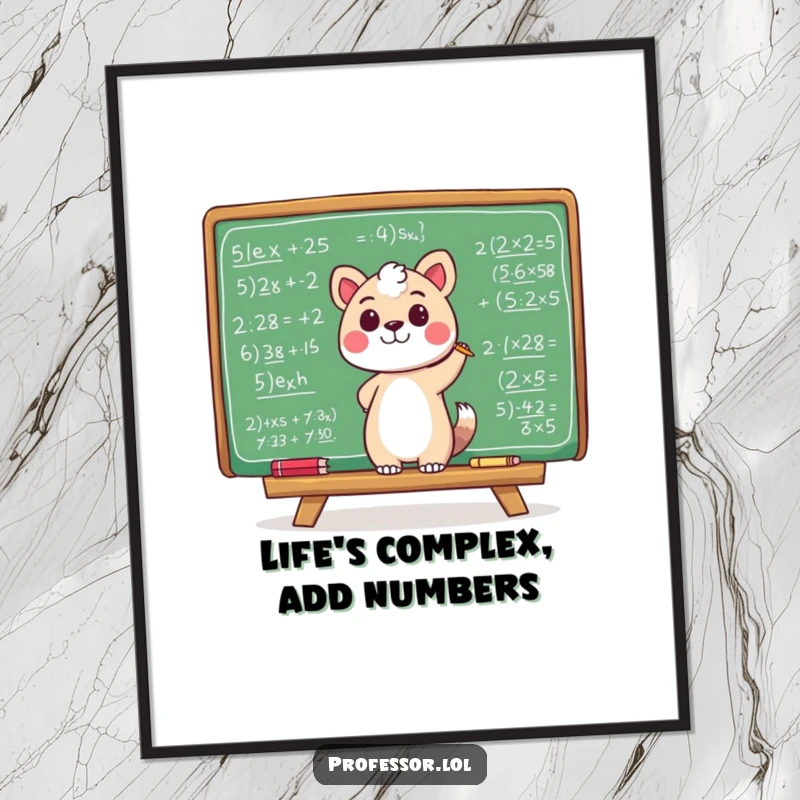 Funny Free Printable Wall Art: Animal character happily scribbling complex mathematical equations on a giant chalkboard.