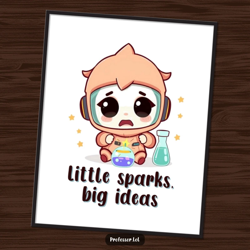 Funny Free Printable Wall Art: Character gazing in amazement as a tiny spark erupts from a science experiment, capturing discovery.