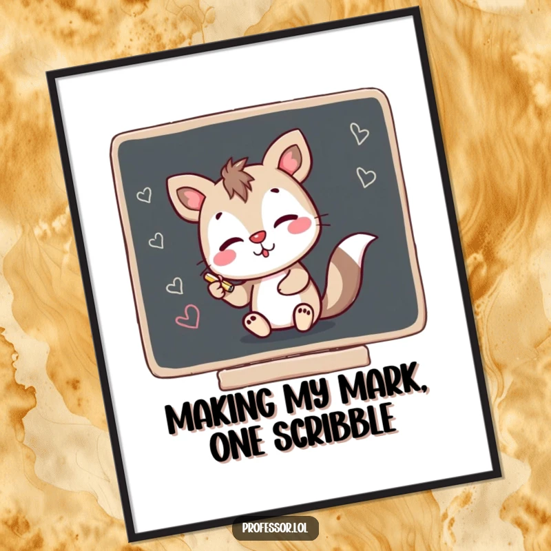 Funny free printable wall art of a sneaky animal character creating art by scribbling with chalk on a blackboard.