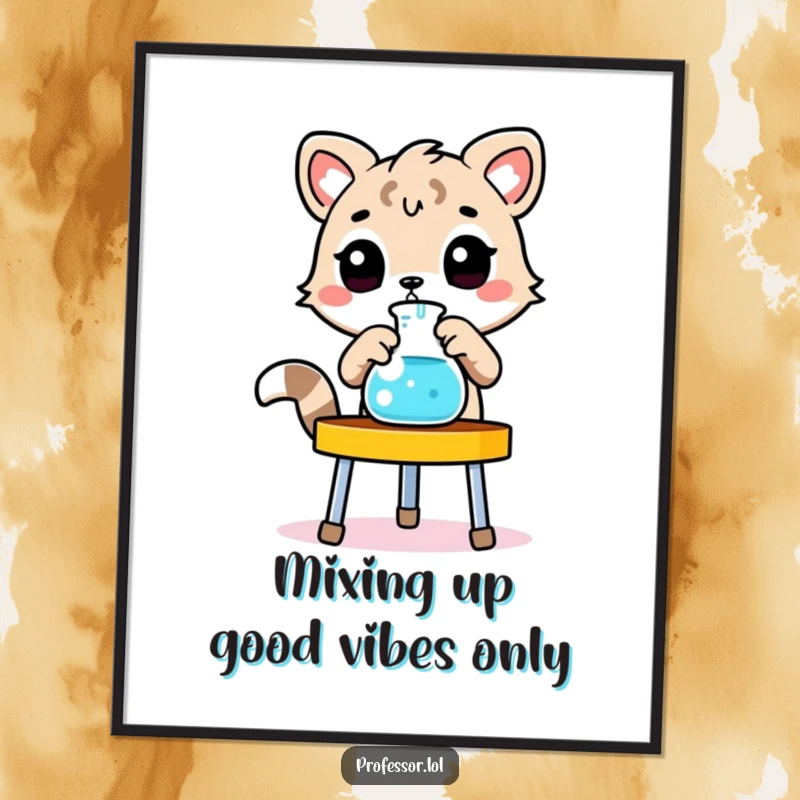 Funny Free Printable Wall Art: A cute animal character focused on adjusting a beaker on a laboratory stand, hinting at brilliant ideas.