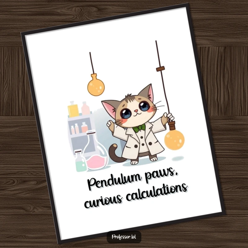 Funny free printable wall art: A curious cat professor batting playfully at a swinging pendulum in a laboratory.