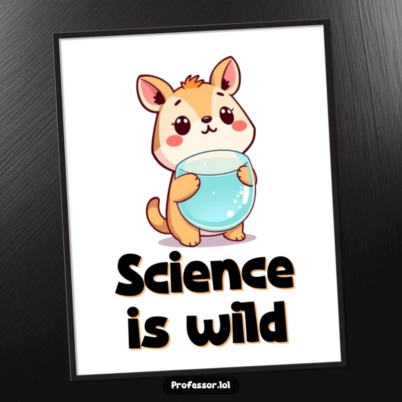 Funny Free Printable Wall Art: A cute animal character with a surprised face staring at a floating beaker, quirky decor.