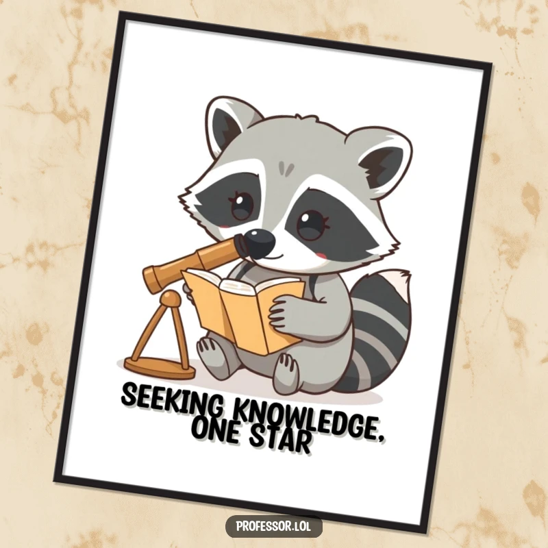 Funny Free Printable Wall Art: A curious raccoon character uses a telescope to closely examine an open book.