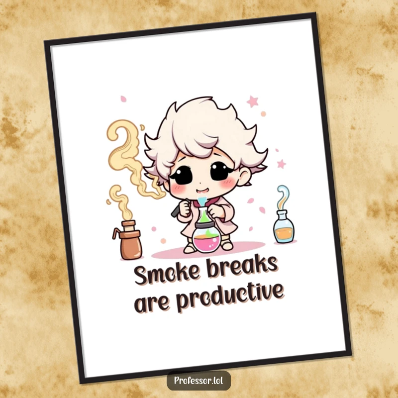 Funny Free Printable Wall Art: A character happily experiments, producing clouds of bright, swirling, colorful smoke.