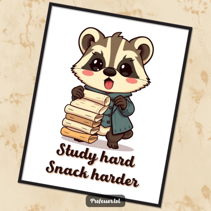 Funny Free Printable Wall Art: a surprised Kawaii badger professor losing ancient scrolls, ideal for a humorous, educational room.