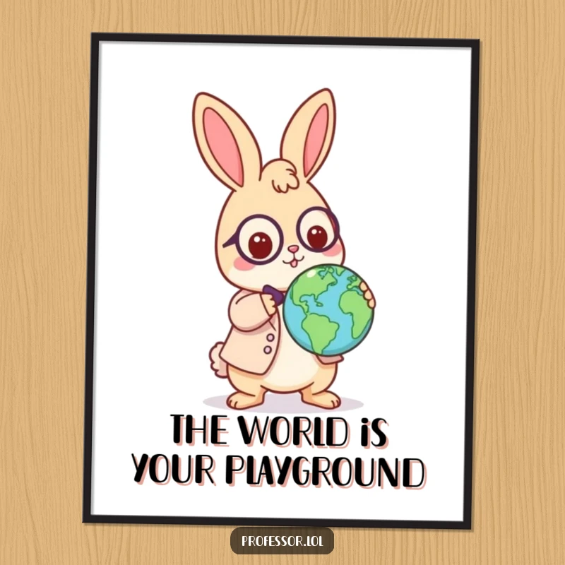 Funny Free Printable Wall Art: a playful Kawaii rabbit professor balancing a globe on their nose, perfect for a whimsical study.