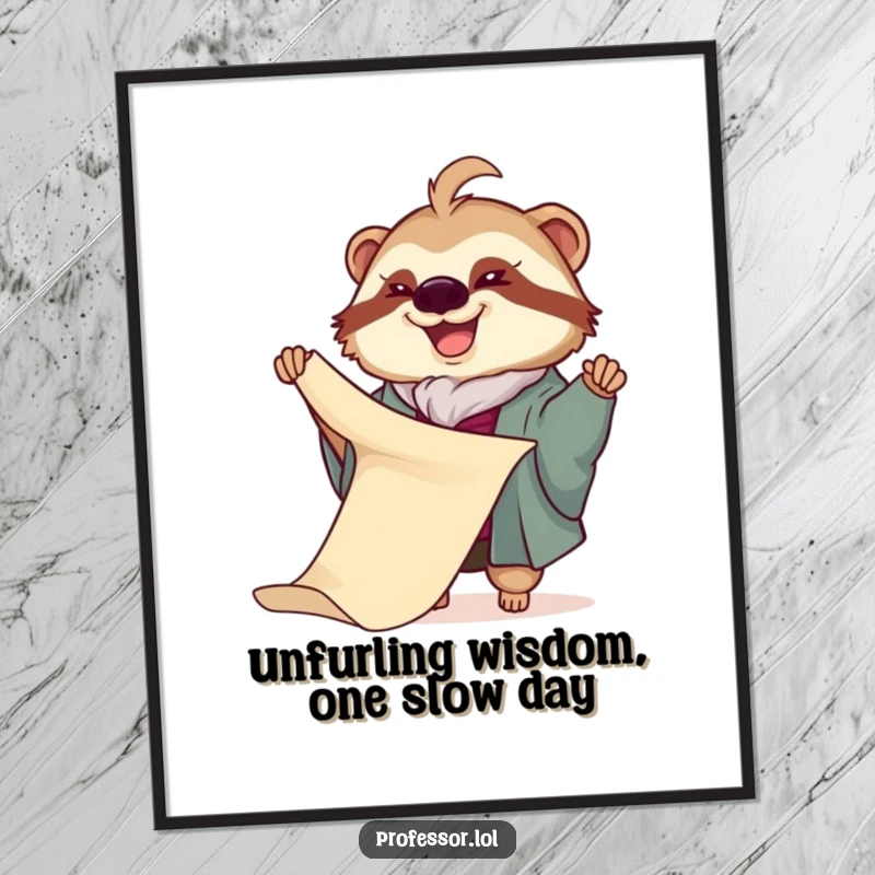 Funny free printable wall art: A joyful sloth professor meticulously unrolling an incredibly long scroll in a study.