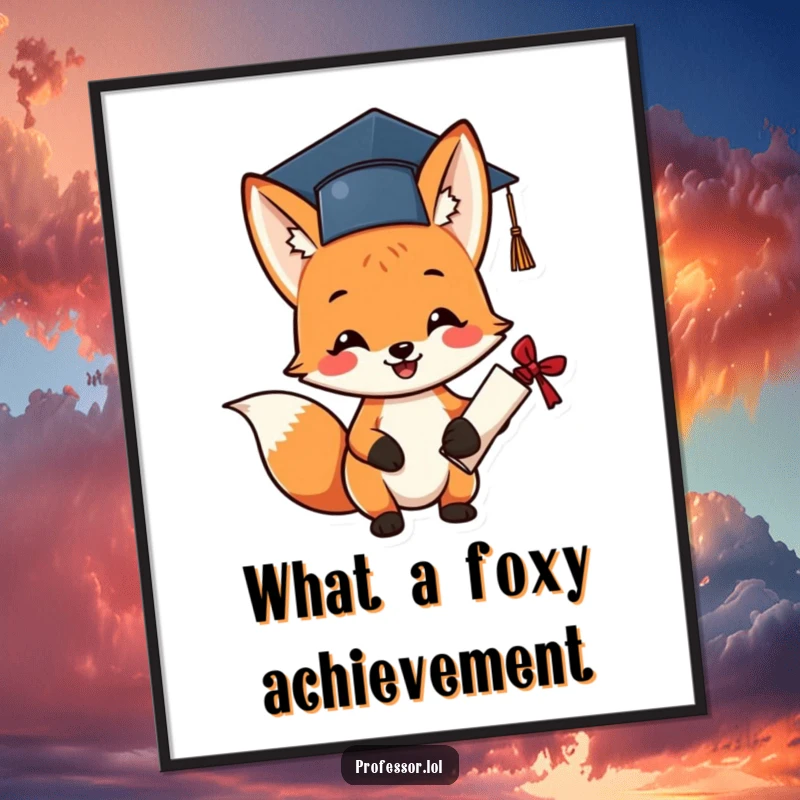 Funny Free Printable Fox Wall Art: A cheerful fox in a graduation cap proudly holds a diploma.