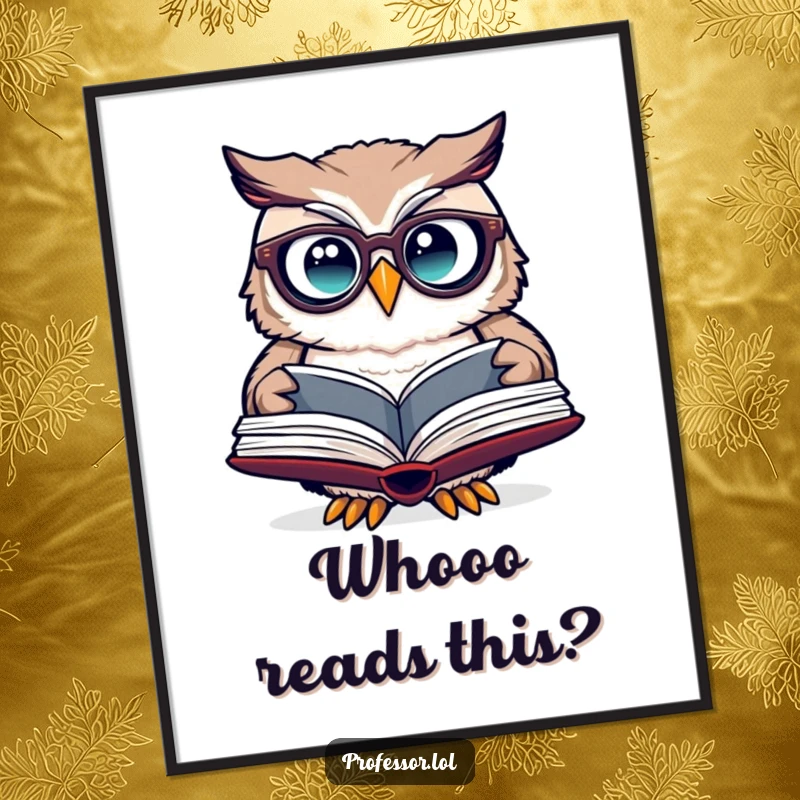 Funny Free Printable Owl Wall Art: A cute owl with spectacles looks curiously at an open book.