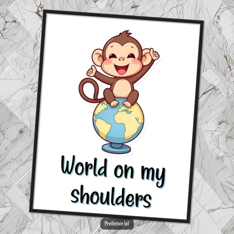 Funny Free Printable Wall Art: Delighted monkey balancing precariously on a spinning globe, ready for adventure.