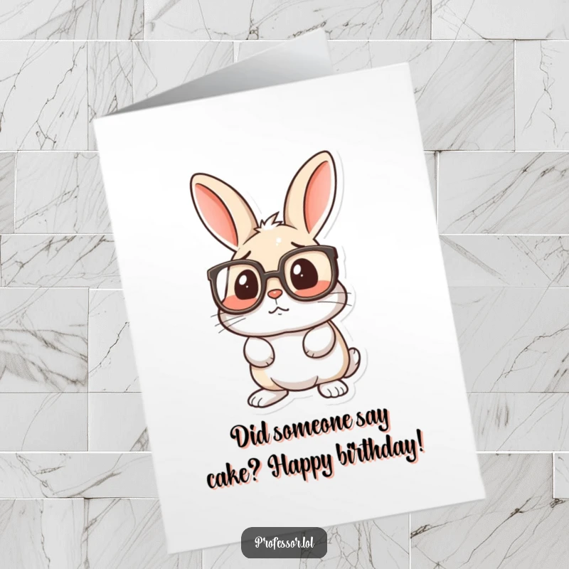 Funny Free Printable Birthday Card: A rabbit with shocked eyes behind oversized spectacles, looking utterly confused.