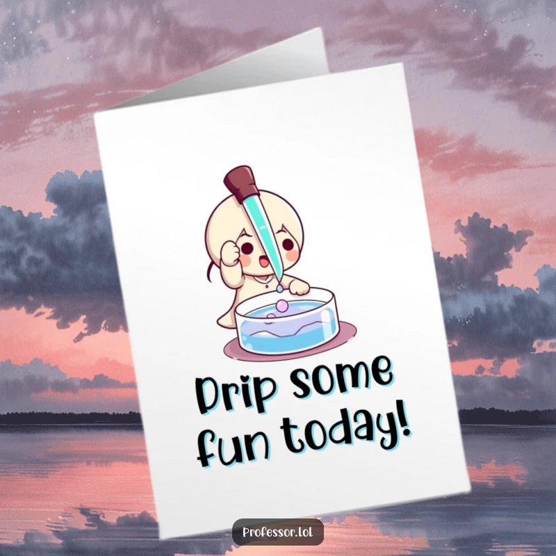 Funny Free Printable Birthday Card: Character carefully uses a pipette to drip liquid into a petri dish with a smile.