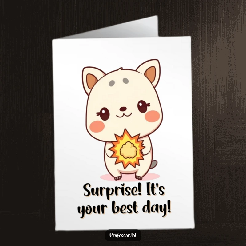 Funny Free Printable Birthday Card: A cute animal character looks utterly surprised by a small, controlled, colorful explosion nearby.