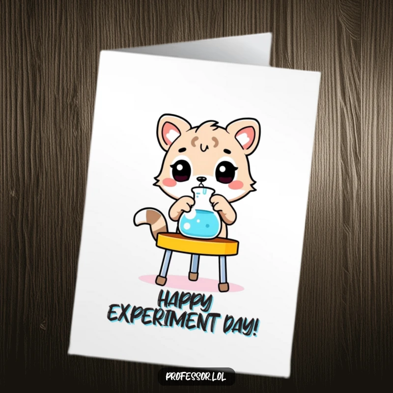 Funny Free Printable Birthday Card: A cute animal character meticulously adjusts a beaker on a lab stand, ready for a birthday experiment.