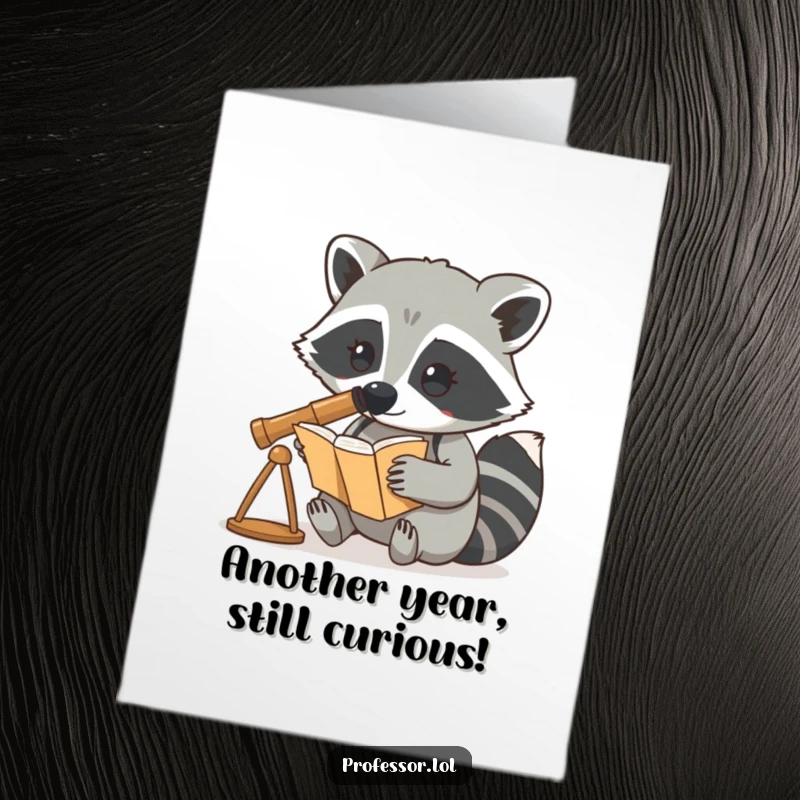 Funny Free Printable Birthday Card: Curious raccoon peers through a telescope at an open book, seeking birthday fun.
