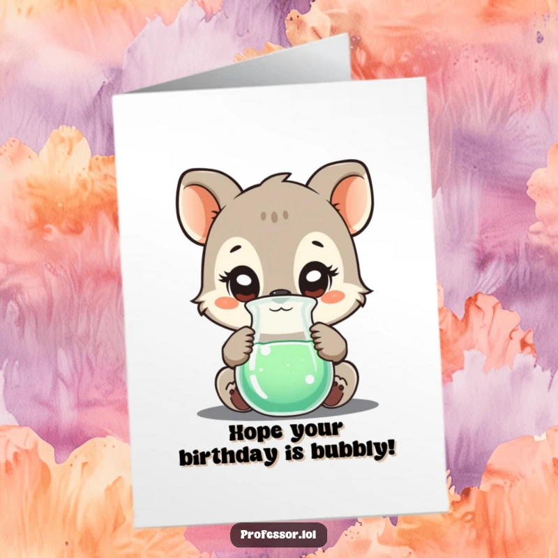 Funny free printable birthday card showing a curious animal character peering intently into a bubbling beaker with wide-eyed wonder.