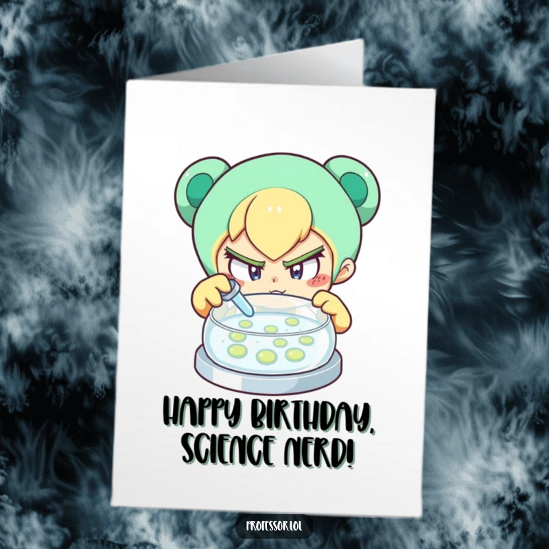 Funny Free Printable Birthday Card: A determined character with a curious expression examines a petri dish, perhaps finding birthday joy.