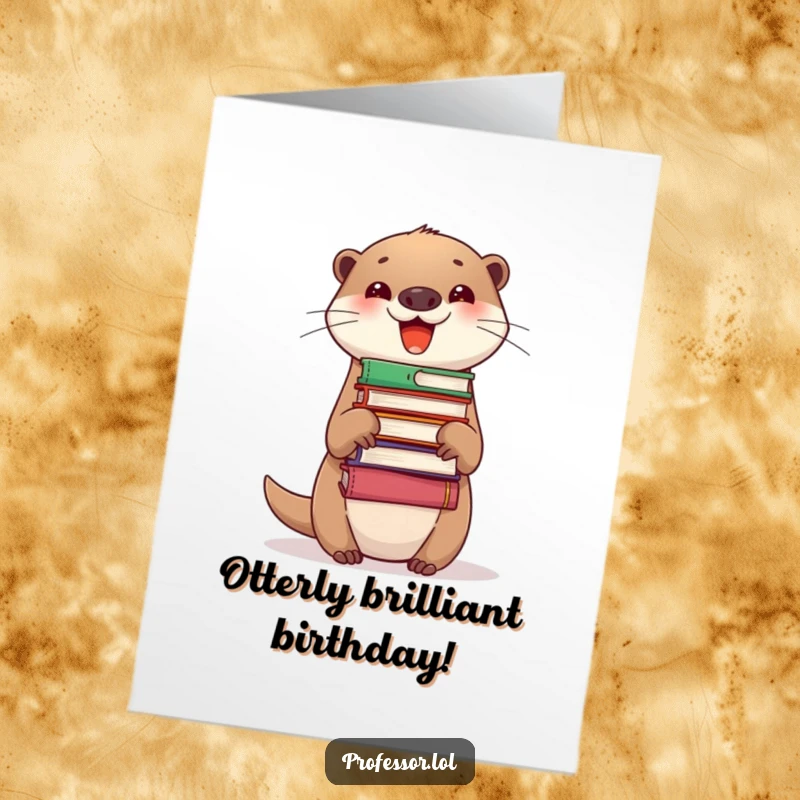 Funny Free Printable Birthday Card: A delighted otter joyfully balancing a tall stack of colorful books on its nose, showing off.