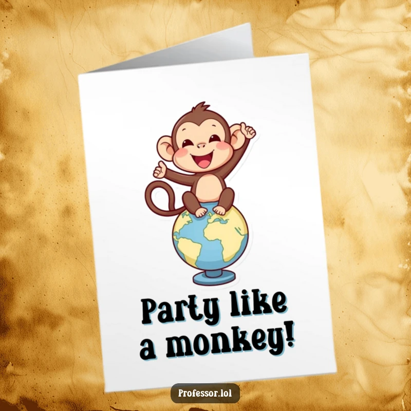 Funny Free Printable Birthday Card: Delighted monkey balancing on a globe, celebrating a birthday with worldwide cheer.