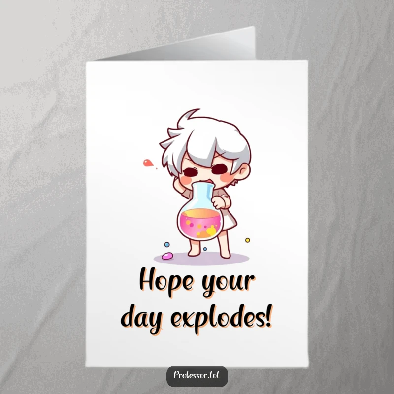 Funny Free Printable Birthday Card: Character startled, dropping a beaker spilling colorful liquid, creating a humorous lab mishap.