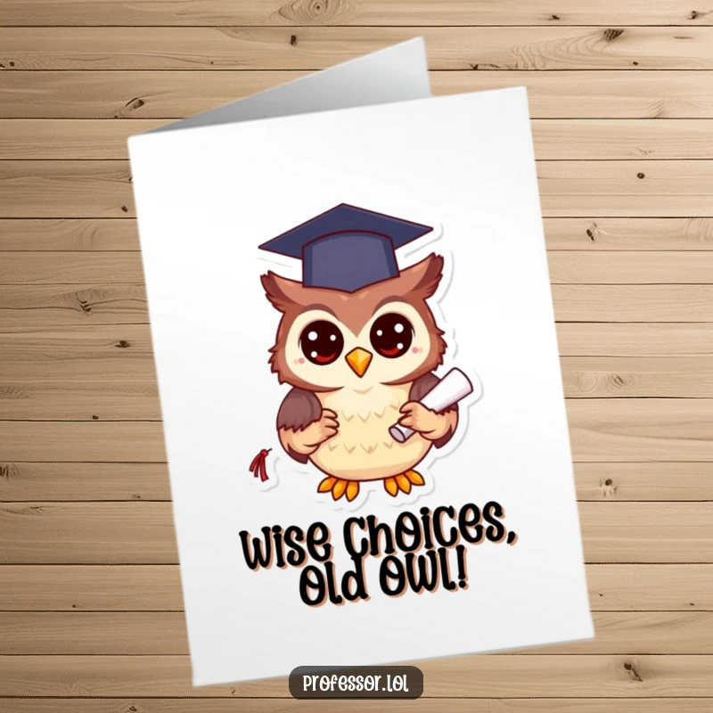 Funny Free Printable Birthday Card: Happy owl in graduation cap holding diploma, wishing a wise and wonderful birthday.