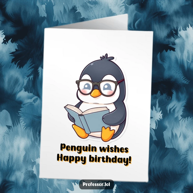 Funny Free Printable Penguin Birthday Card: A chubby penguin with glasses reads a thick book, celebrating a birthday.