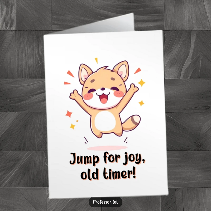 Funny Free Printable Birthday Card: Cute animal character joyfully jumping high to celebrate a fantastic breakthrough moment.