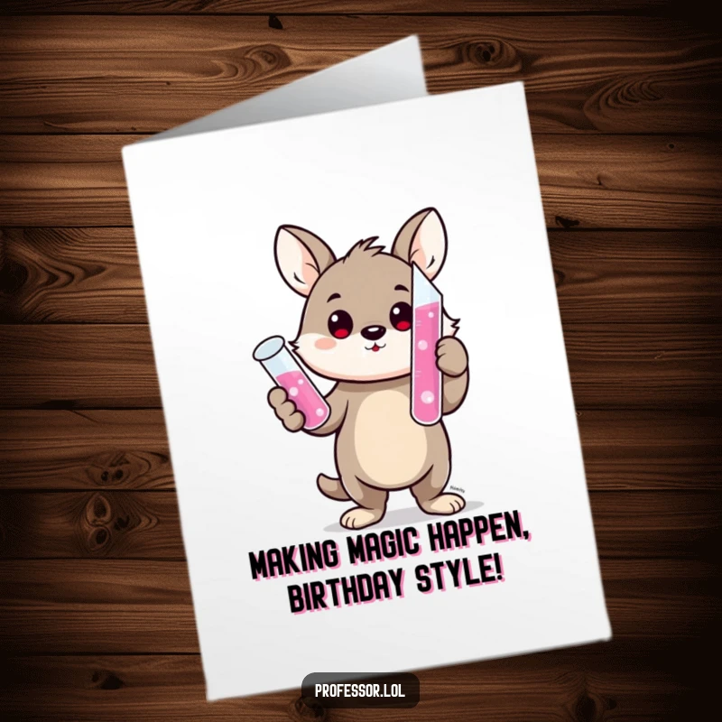 Funny Free Printable Birthday Card: An excited animal scientist proudly holding a test tube bubbling with vibrant pink liquid, ready for celebration.