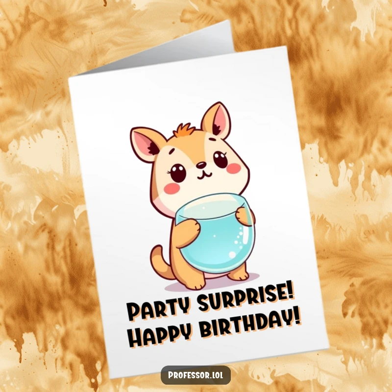Funny Free Printable Birthday Card: Cute animal scientist looking shocked at a floating beaker, ideal for a humorous greeting.