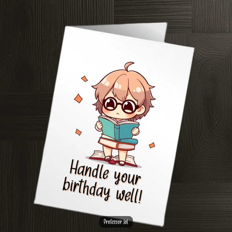 Funny Free Printable Birthday Card: Character concentrating intensely while juggling multiple books high in the air.