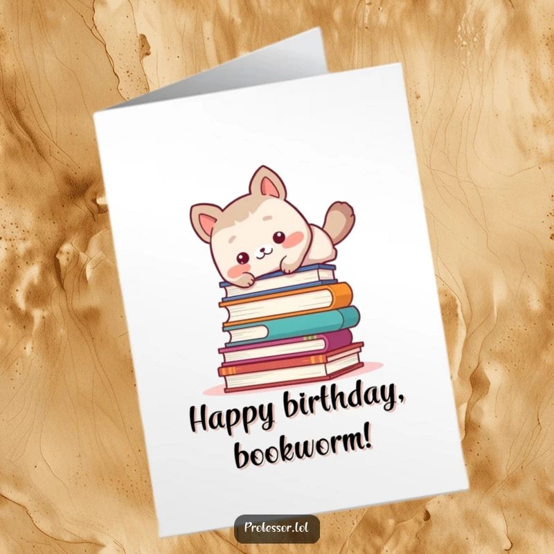 Funny Free Printable Birthday Card: Cute animal comically tripping over a stack of books, perfect for a humorous greeting.