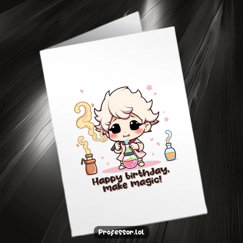 Funny Free Printable Birthday Card: A character happily experiments, conjuring clouds of vibrant, colorful smoke for a birthday.