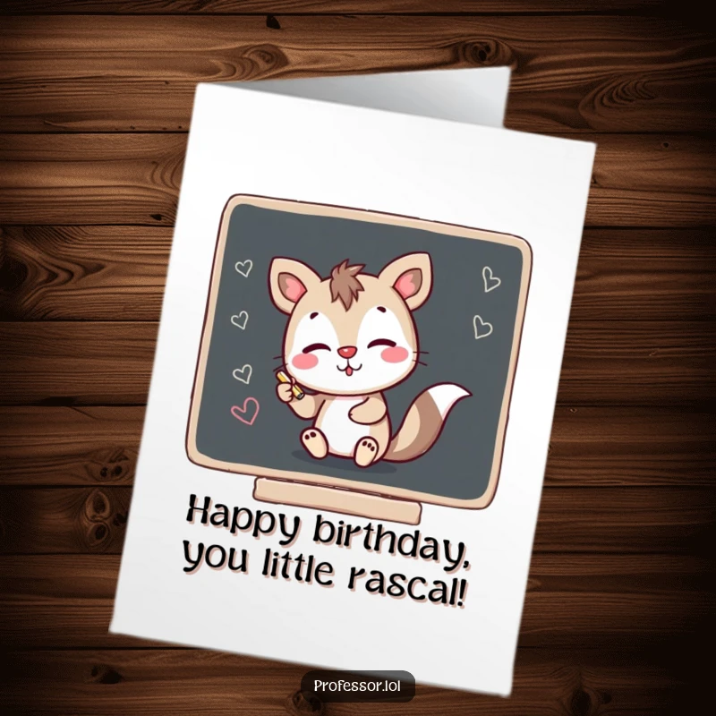 Funny free printable birthday card featuring a mischievous animal character naughtily scribbling on a blackboard with chalk.