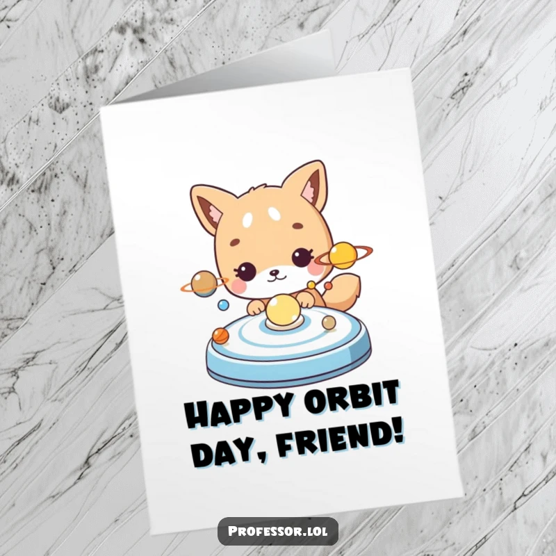 Funny Free Printable Birthday Card: Cute animal curiously examining a solar system model, perfect for space-themed wishes.