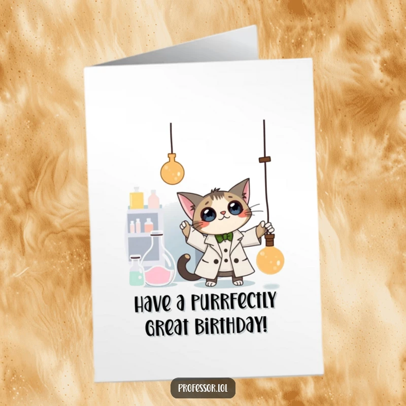 Funny free printable birthday card: Curious cat professor batting at a dangling pendulum in a science laboratory.