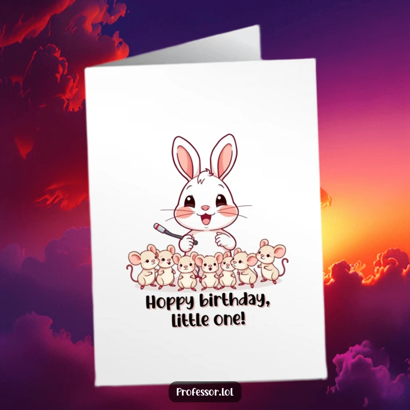 Funny Free Printable Birthday Card: Cheerful rabbit enthusiastically teaching a class of attentive tiny mice.
