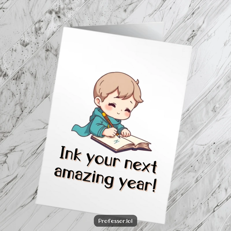 Funny Free Printable Birthday Card: Inspired character scribbling furiously in a notebook with a quill, celebrating literary humor.