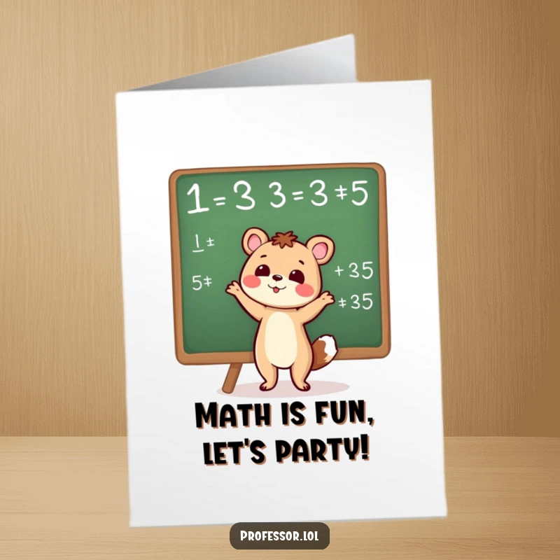 Funny Free Printable Birthday Card: Cute animal character gesturing excitedly at a chalkboard equation for birthdays.