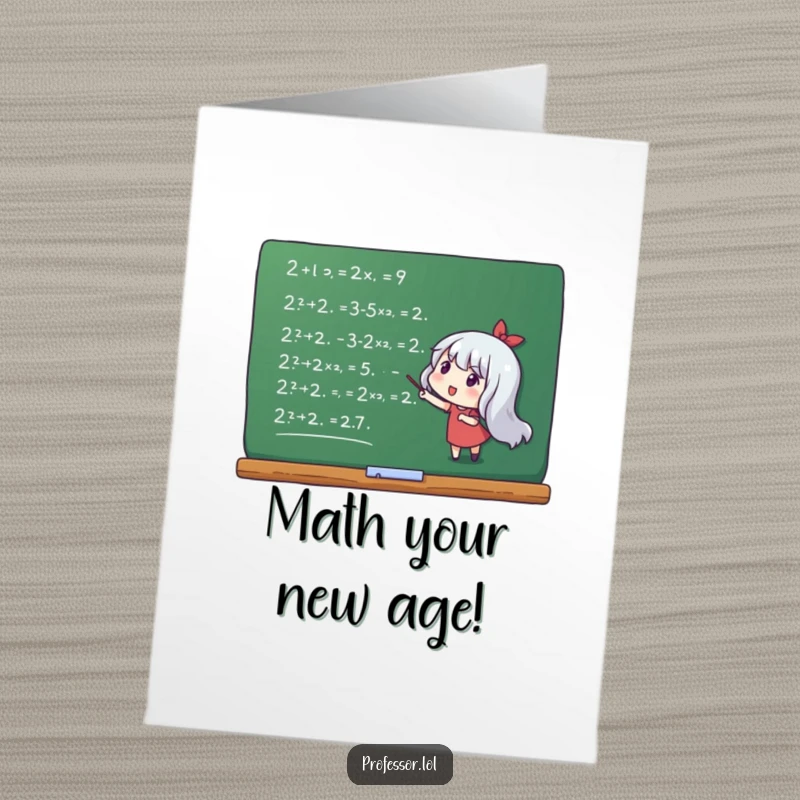 Funny Free Printable Birthday Card: Character pointing excitedly at complex equations on a chalkboard, celebrating with numbers.