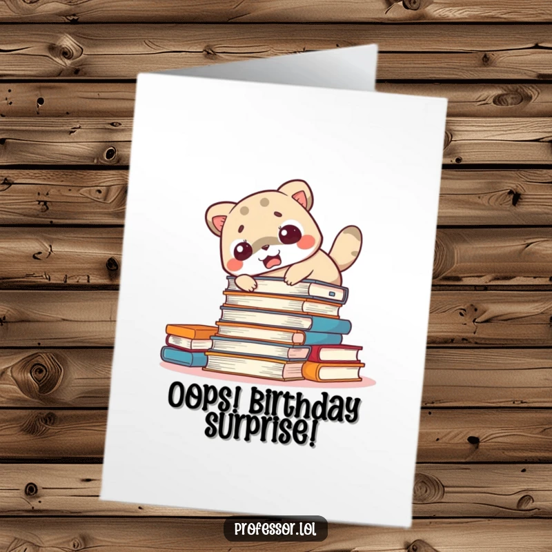 Funny Free Printable Birthday Card: A startled animal tumbles a tower of books, a birthday surprise gone wild.
