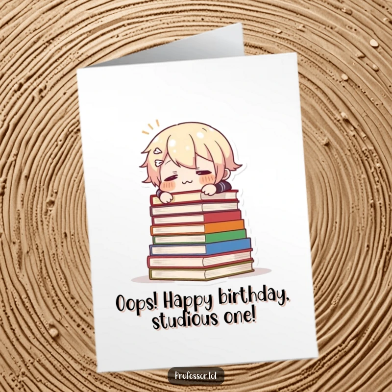 Funny Free Printable Birthday Card: A character comically tumbles over a pile of heavy books, expressing pure surprise.