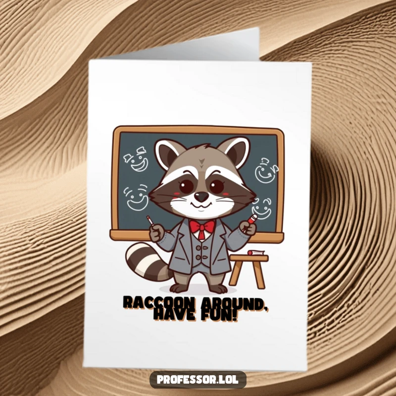 Funny Free Printable Birthday Card: Mischievous Kawaii raccoon professor drawing silly faces on a blackboard, celebrating a fun birthday.