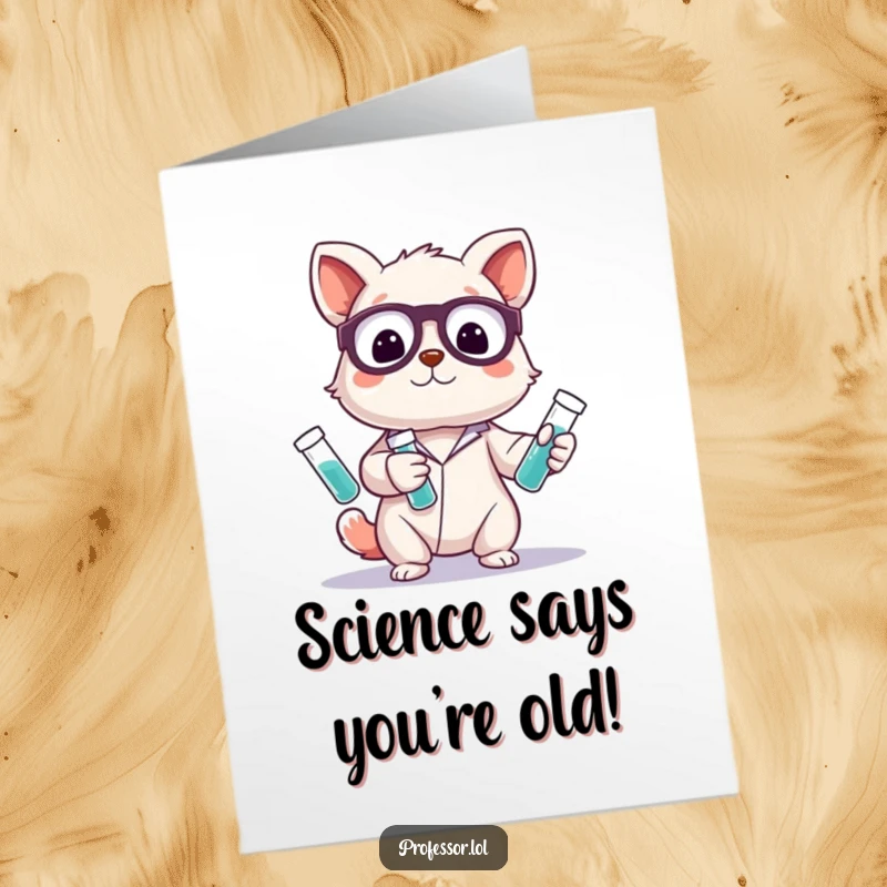 Funny Free Printable Birthday Card: Cute animal scientist character hilariously juggling colorful test tubes with glee.