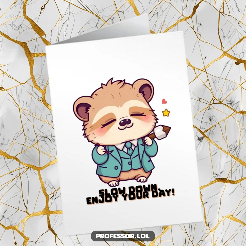 Funny Free Printable Birthday Card: Sleepy Kawaii sloth professor dozing off while holding a lecture pointer, wishing a slow and happy birthday.