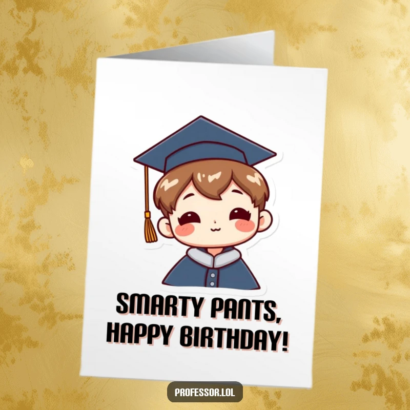 Funny Free Printable Birthday Card: Character sports a graduation cap tilted jauntily, celebrating a birthday with academic flair.