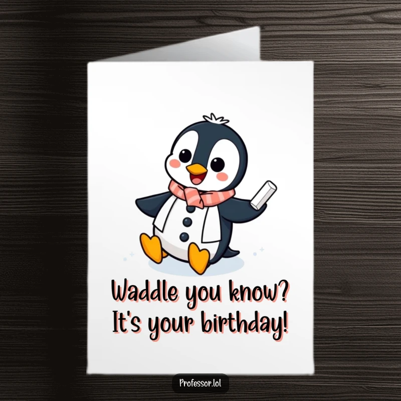 Funny free printable birthday card: Cheerful penguin professor sliding on an icy chalkboard with chalk, mid-lesson.